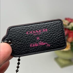COACH KEITH HARING HANG TAG BLACK PINK WITH GUNMETAL COACH LOGO CHAIN LEATHER